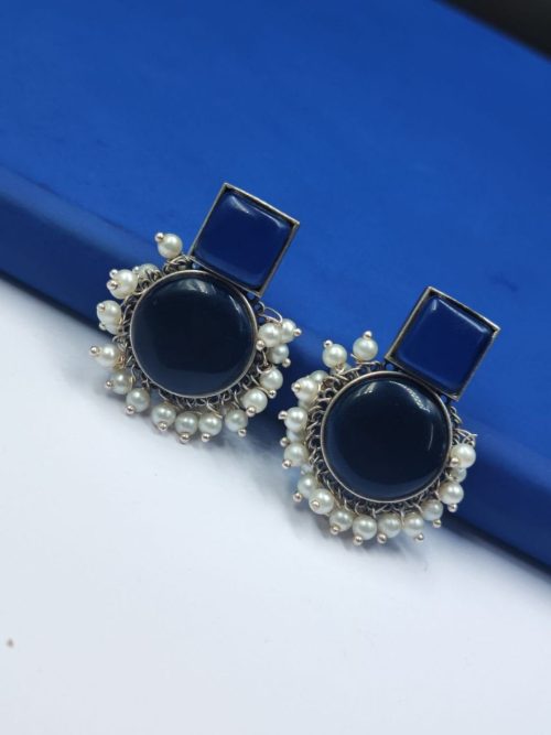 Pearl-Work-Monalisa-Stone-Silver-Replica-Stud-Earrings