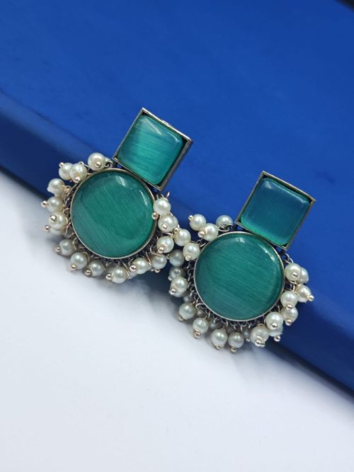Pearl-Work-Monalisa-Stone-Silver-Replica-Stud-Earrings