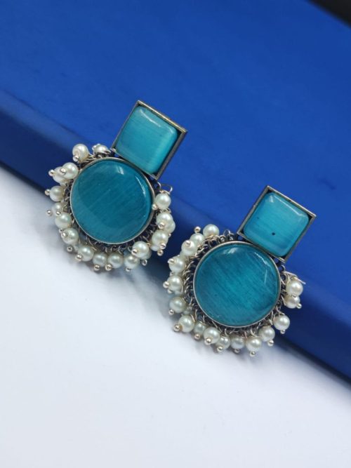 Pearl-Work-Monalisa-Stone-Silver-Replica-Stud-Earrings