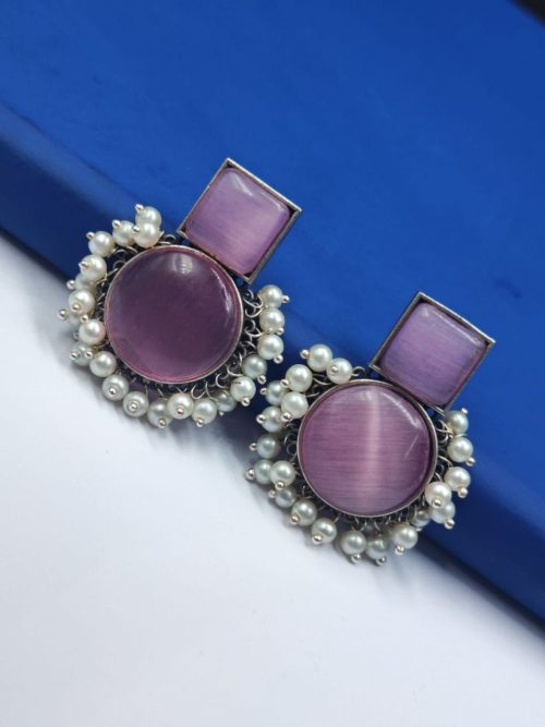 Pearl-Work-Monalisa-Stone-Silver-Replica-Stud-Earrings
