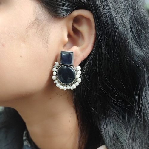 Monalisa Stone Silver Replica Stud Earrings - Silver Look alike Pearl Beads Earring