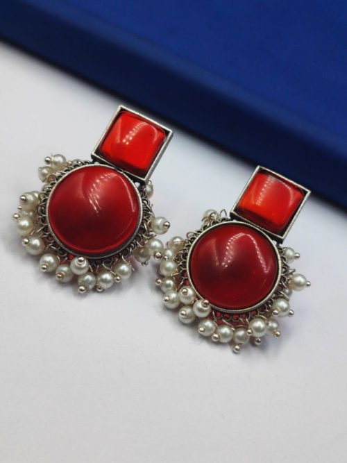 Pearl-Work-Monalisa-Stone-Silver-Replica-Stud-Earrings