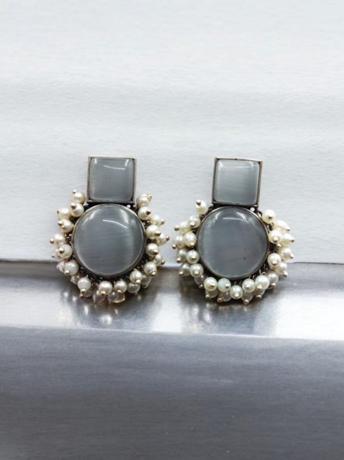 Monalisa Stone Silver Replica Stud Earrings - Silver Look alike Pearl Beads Earring