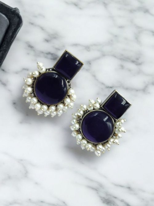 Monalisa Stone Silver Replica Stud Earrings - Silver Look alike Pearl Beads Earring