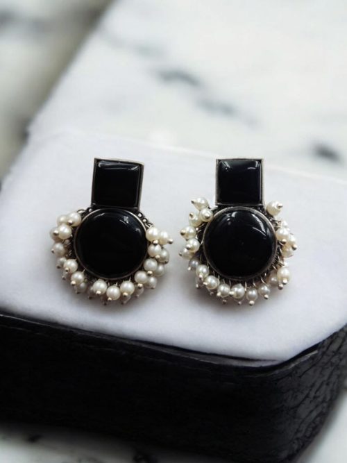 Monalisa Stone Silver Replica Stud Earrings - Silver Look alike Pearl Beads Earring