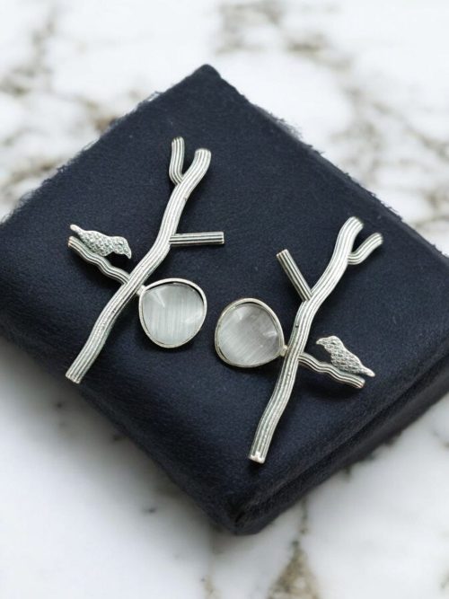 Antique Silver Replica Bird Earrings - Monalisa Stone Stud Casual Earring