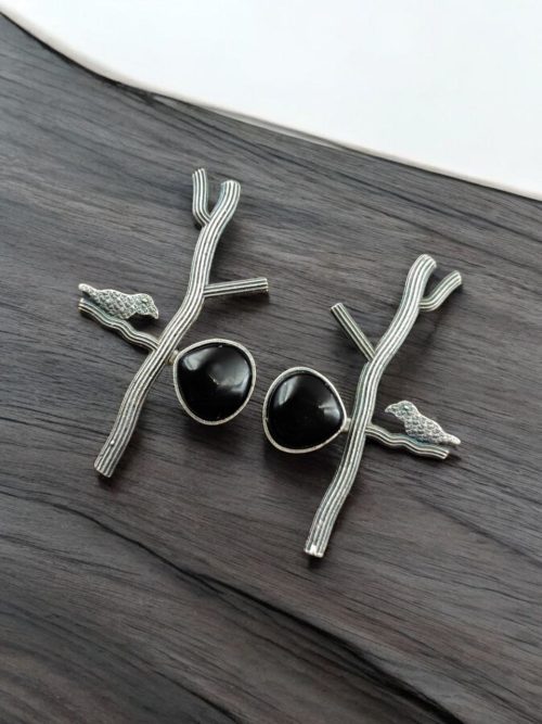 Antique Silver Replica Bird Earrings - Monalisa Stone Stud Casual Earring