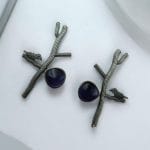 Antique Silver Replica Bird Earrings - Best Monalisa Stone Stud Casual Earring - "Amethyst"