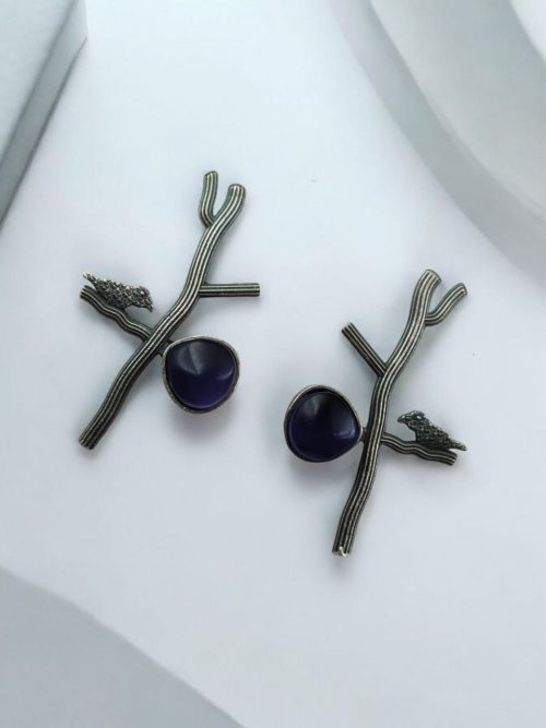 Antique Silver Replica Bird Earrings - Monalisa Stone Stud Casual Earring