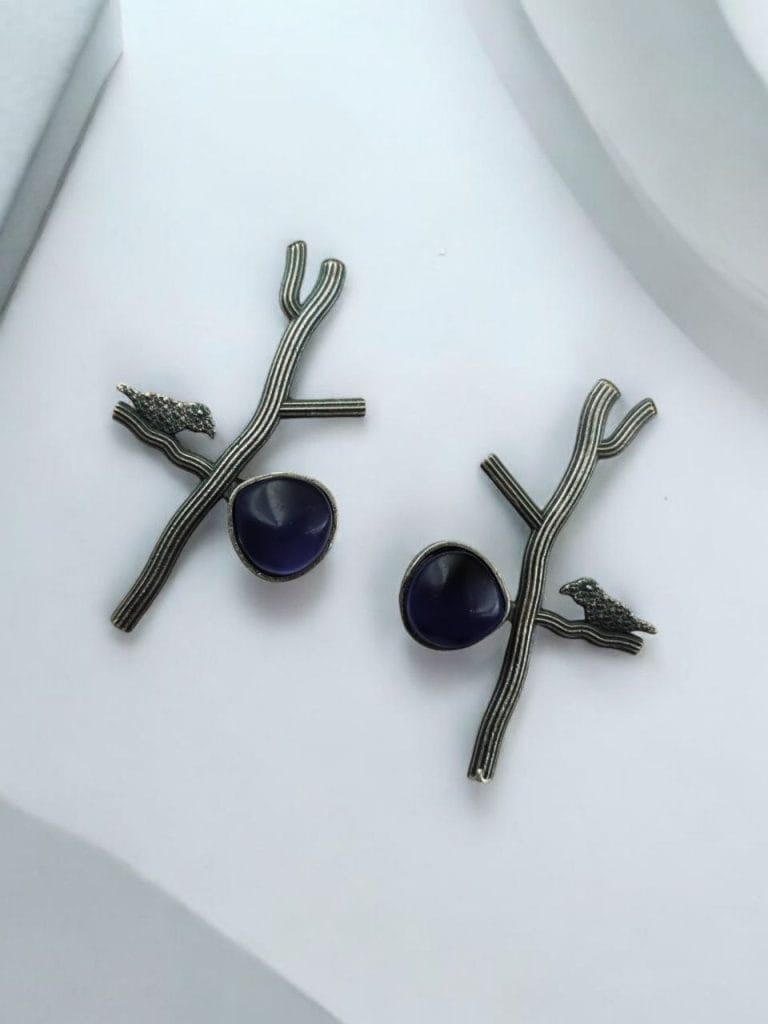 Bulk 730 Antique Silver Replica Bird Earrings - Best Monalisa Stone Stud Casual Earring - "Amethyst"