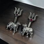 Bulk 6 Traditional Nandi Trishul Earrings - Adorable Oxidised Silver Replica Stone Shiva Stud Earring - "Pink"