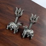 Traditional Nandi Trishul Earrings - Adorable Oxidised Silver Replica Stone Shiva Stud Earring - "Babypink"