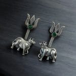Bulk 4 Traditional Nandi Trishul Earrings - Adorable Oxidised Silver Replica Stone Shiva Stud Earring - "Green"