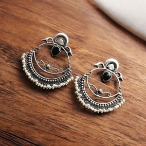 HandMade Silver Replica Chandbali Monalisa Stone Stud Dangler Earrings with Pearl Work - Color: "Black"