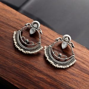 HandMade Silver Replica Chandbali Monalisa Stone Stud Dangler Earrings with Pearl Work - Color: "Grey"