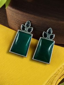 Premium Quality Monalisa Stone Jewellery - Oxidised Silver Replica Stone Stud Earrings - Color: "Green-Black"