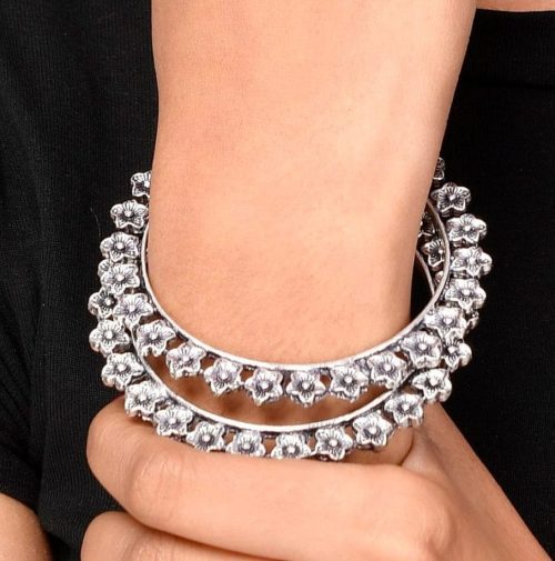 Flower-German-Silver-Oxidised-Bangle