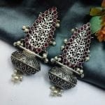 Handcrafted Oxidised Silver Replica Earrings With Stone Pearl Work