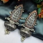 Handcrafted Oxidised Silver Replica Earrings With Stone Pearl Work - "Peach"