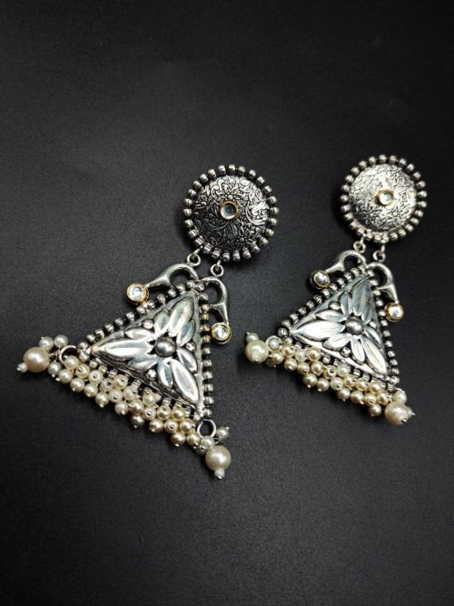 Oxidised-Handmade-Brass-Earrings-with-Kundan-Pearl-Work