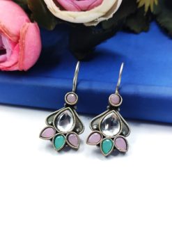 Designer-Oxidised-Stone-Work-Hook-Earrings