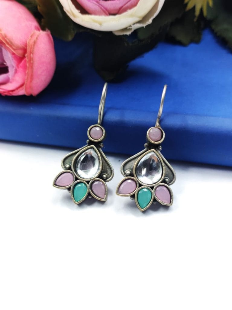 Designer Oxidised Stone Work Hook Earrings - Best Daily Wear Earrings