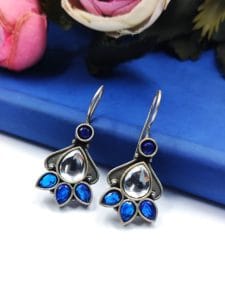 Designer Oxidised Stone Work Hook Earrings - Best Daily Wear Earrings - Color: "Blue"