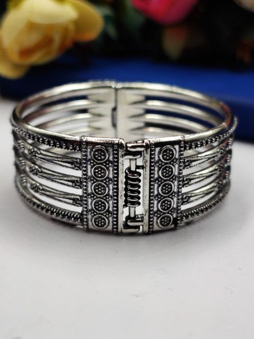 Oxidised German Silver Bracelet - Free Size Opeanable Bracelets - Image 4