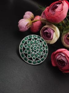 Antique Silver Replica Stone Work Adjustable Rings For Girls - Color: "Green"