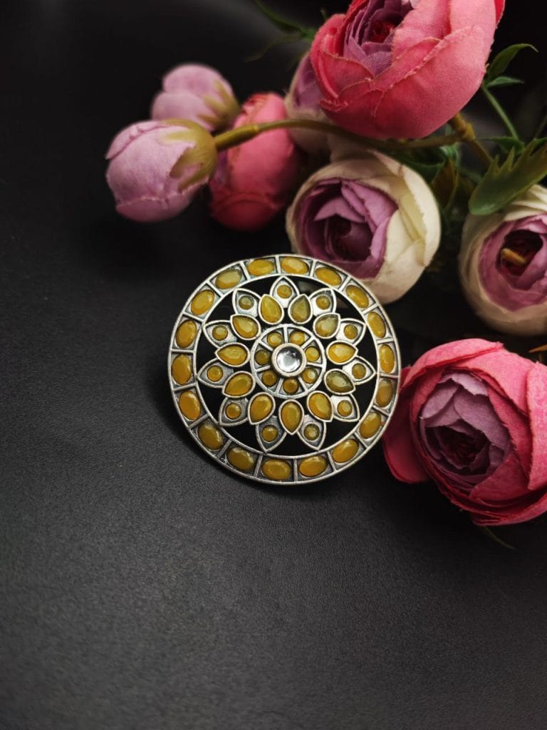 Bulk 522 Antique Silver Replica Stone Work Adjustable Rings For Girls - "Yellow"