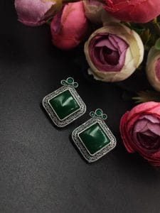 Designer Stud Earrings - Silver Replica Stone with Monalisa Stone - Color: "Green"