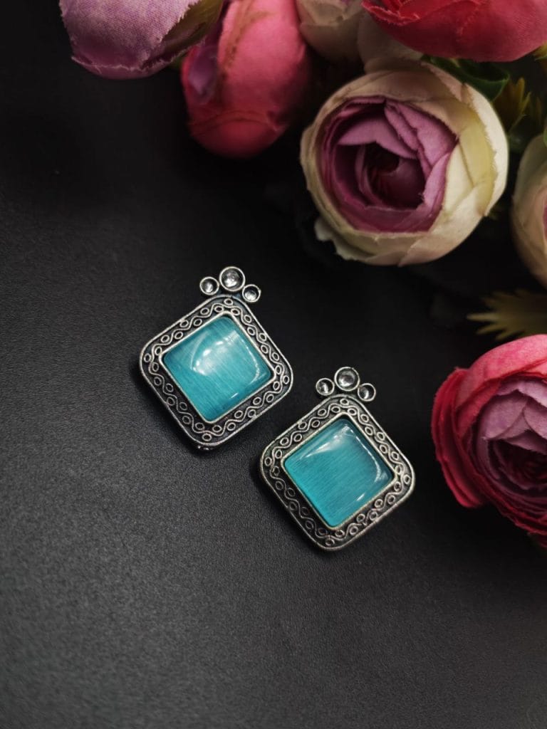 Designer Stud Earrings - Silver Replica Stone with Monalisa Stone
