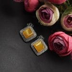 Designer Stud Earrings - Silver Replica Stone with Monalisa Stone - "Yellow"