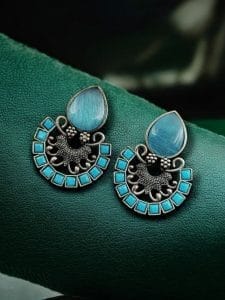 Silver Replica Monalisa Stone Stud Earrings - Premium Quality Jewellery - Color: "Aqua"