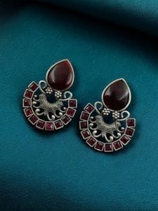 Silver Replica Monalisa Stone Stud Earrings - Premium Quality Jewellery - Color: "Red"