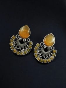 Silver Replica Monalisa Stone Stud Earrings - Premium Quality Jewellery - Color: "Yellow"