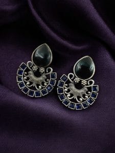 Silver Replica Monalisa Stone Stud Earrings - Premium Quality Jewellery - Color: "Blue"