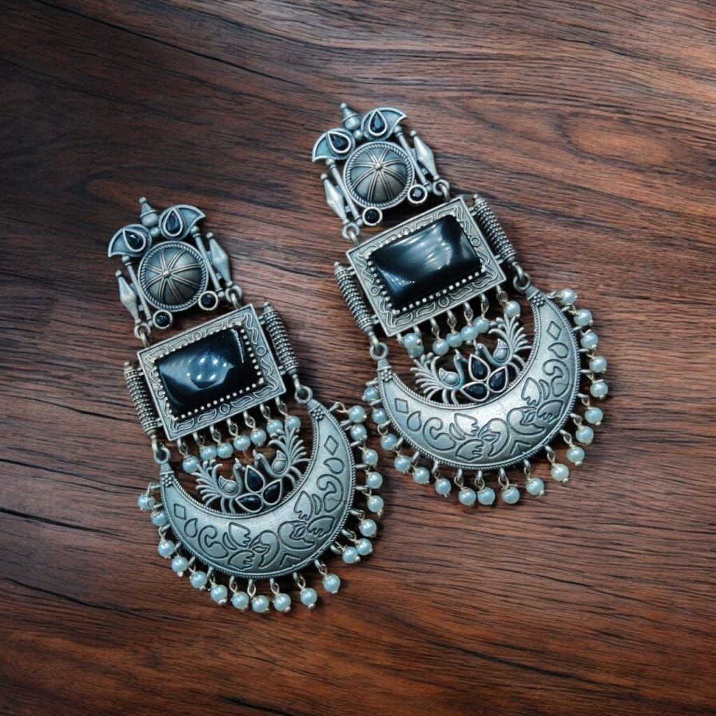 Bulk 650 Vintage Look Oxidised Silver Monalisa Stone Earrings with Adorable Pearl Beads Detailing - "Black"