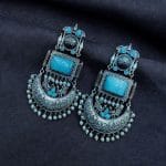 Vintage Look Oxidised Silver Monalisa Stone Earrings with Adorable Pearl Beads Detailing - "Aqua"