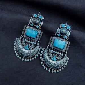 Vintage Look Oxidised Silver Monalisa Stone Earrings with Adorable Pearl Beads Detailing - Color: "Aqua"