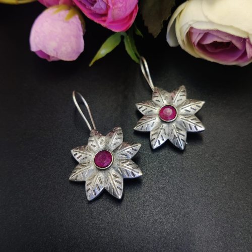 Oxidised-Silver-Replica-Flower-Design-Hook-Earrings-For-Girls