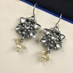 Silver Look Like Oxidised Stone Stud Earrings For Girls - "White"
