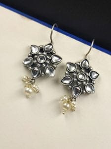 Silver Look Like Oxidised Stone Stud Earrings For Girls - Color: "White"