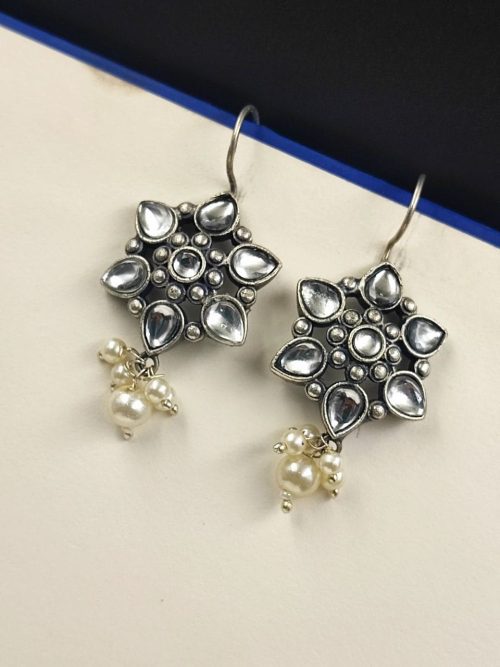 Silver-Look-Like-Oxidised-Stone-Stud-Earrings-For-Girls