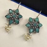 Silver Look Like Oxidised Stone Stud Earrings For Girls - "Mint"
