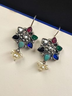 Silver-Look-Like-Oxidised-Stone-Stud-Earrings-For-Girls