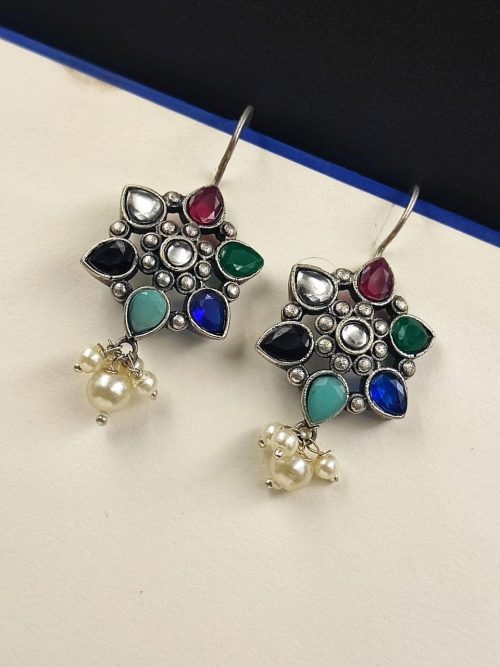 Silver-Look-Like-Oxidised-Stone-Stud-Earrings-For-Girls