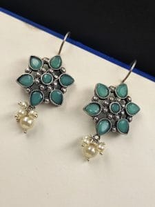Silver Look Like Oxidised Stone Stud Earrings For Girls - Color: "Mint"