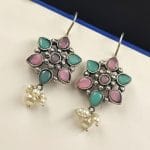 Silver Look Like Oxidised Stone Stud Earrings For Girls - "Baby Pink Mint"
