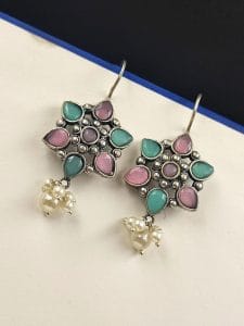 Silver Look Like Oxidised Stone Stud Earrings For Girls - Color: "Baby Pink Mint"